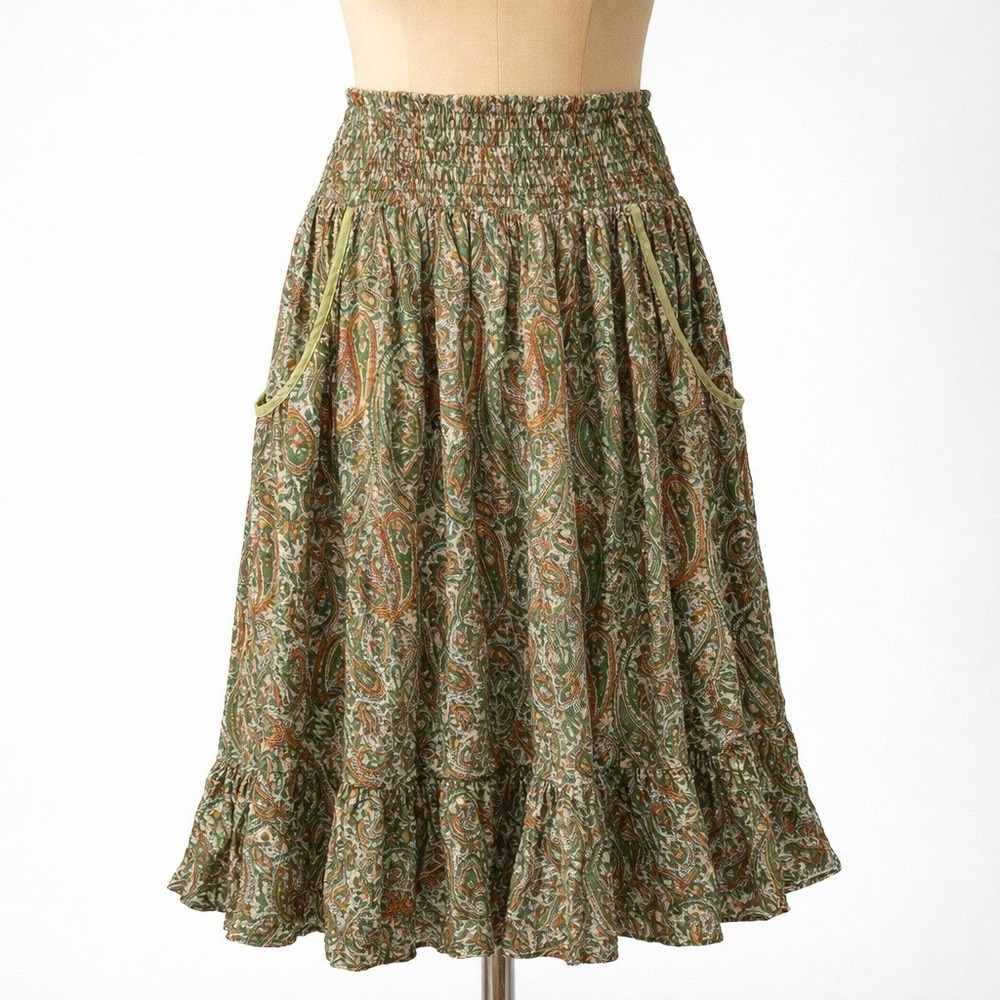 Vintage Y2K Paisley Maxi Skirt Green Forest Fairy Grunge Pockets Prairie‎ Boho